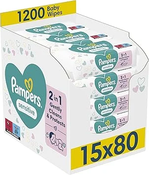 Pampers Sensitive Baby Wipes 15 Packs of 80 = 1200 Baby Wet Wipes, Unscented, For a Soft And Gentle Clean - 1200 count (Pack of 1)