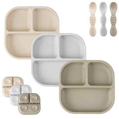 PandaEar 3 Pack Baby Suction Plates for Weaning with Spoons, Silicone Toddler Plates for Childrens Kids, Unbreakable Divided Baby Plate with Suction, Non-Slip, Non-Toxic, BPA Free (Creamy Grey Brown)