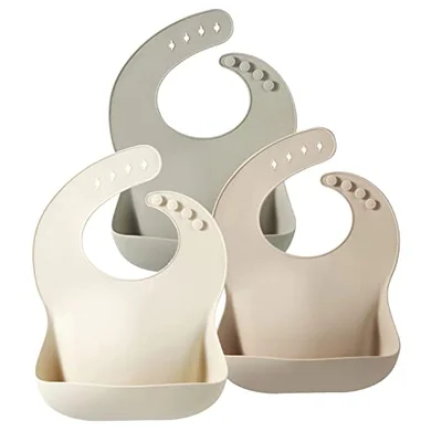 PandaEar 3 Pack Silicone Baby Bibs | Adjustable Waterproof Feeding Bibs with Deep Food Catcher Pocket for Babies & Toddlers (6 Months - 6 Years), BPA-Free Neutral Earth Tones (Linen, Tan, Brown)