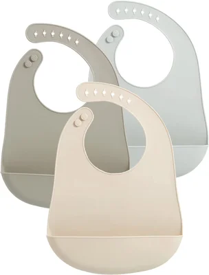 PandaEar 3 Pack Waterproof Silicone Baby Bibs| Super Thin Light Weight Feeding Bib with Food Catcher Pocket for Toddler (Walnut&Linen&Brown)