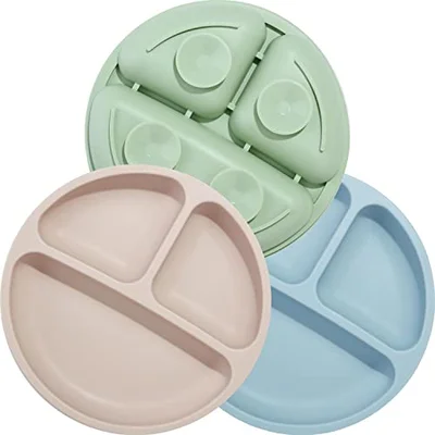 PandaEar 3 Pack Silicone Baby Suction Plates for Toddler Kids Self Feeding, Stay Put Divided Feeding Weaning Plates for High Chair Tray, Unbreakable Portable Non Slip