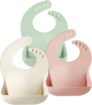 PandaEar 3 Pack Silicone Bibs for Babies & Toddlers, Waterproof Baby Bibs 6-12-18 months for Weaning, BPA Free Adjustable Baby Feeding Bib with Large Pocket Food Catcher