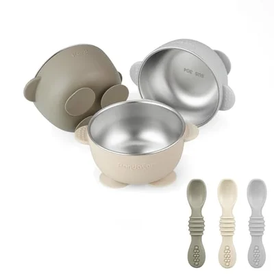PandaEar 3 Pack Stainless Steel Baby Suction Bowls with 3 Spoons, Stay Put Silicone Food Bowl Babies Led Weaning Supplies for Kids Toddlers, BPA-Free -Linen Brown Tan - Brown, Grey / 14 x 6.5 cm