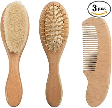 PandaEar Baby Hair Brush and Comb Set for Newborn| Natural Wooden Hairbrush with Soft Goat Bristles, Pear Wood Comb and Wooden Massage Brush for Infant, Toddler, Kids