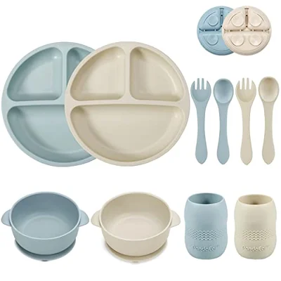 PandaEar Silicone Baby Feeding Set| Baby Weaning Set | 2 Divided Baby Plates with Suction + 2 Baby Suction Bowls + 2 Sippy Cup with 2 Spoons