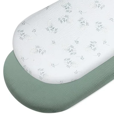 Peepeemax Moses Basket Sheets 90x50 cm, 2 Pack Muslin Bedside Crib Fitted Sheets, Soft and Breathable Crib Sheets Fit for Rectangular and Oval Bassinet Mattress and Bedside Cots (Beige and Lightbrown)