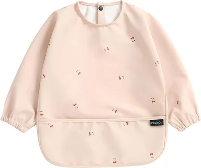 PewinGo Weaning Bib with Long Sleeves & BLW, Soft and Skin-Friendly Material, Coverall Bibs for Baby Feeding, Waterproof and Easy to Clean & Machine,for Baby Infant Toddlers - Pink
