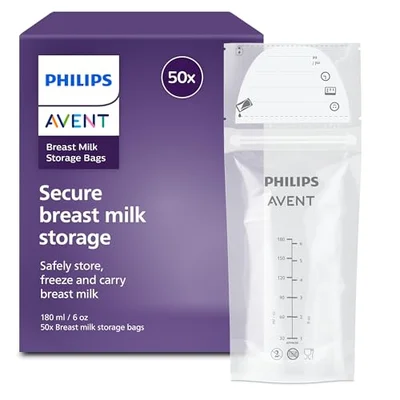 Philips Avent Breast Milk Bags - Pre-Sterilised, for Storing and Freezing Breast Milk, BPA Free, Leak-Proof, Easy Filling and Storage, 180 ml, 50 Count, SCF603/50 - Transparent / 50 pieces