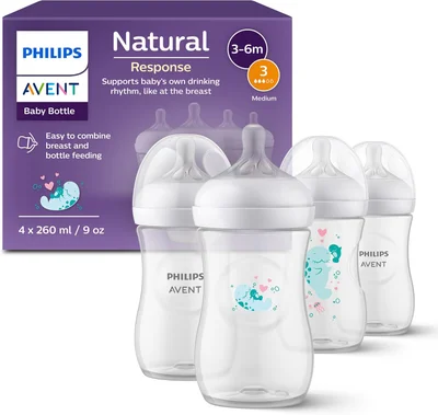 Philips Avent Natural Response Baby Gift Set, 4 Natural Response Baby Bottles 260 ml with T3 (1 m+ Teats), SCY903/61 - Blue / 260ml (pack of 4)