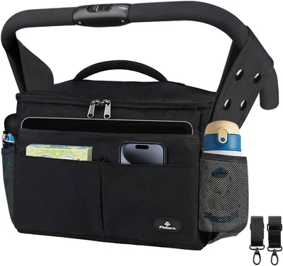 Philorn Pram Bag, Pushchair Organiser Bag with Insulated Cup Holders, Buggy Organiser with Large Capacity for Baby Essentials Fits for Universal Strollers Like Doona, Ickle Bubba, Adjustable Strap