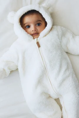 Pile pram suit with ears - White