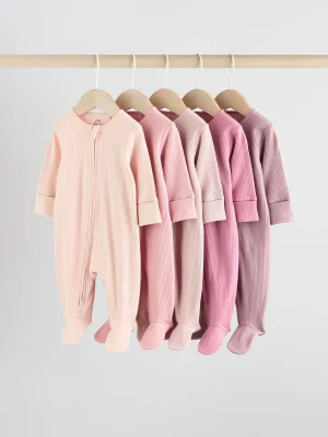 Pink 5 Pack Two Way Zip Baby Sleepsuits