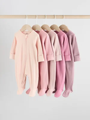 Pink 5 Pack Two Way Zip Baby Sleepsuits