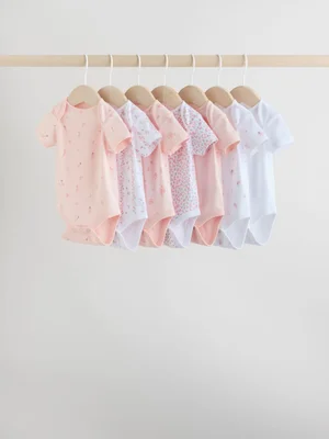 Pink 7 Pack Short Sleeve Baby Bodysuit - 7 Pack / Pink