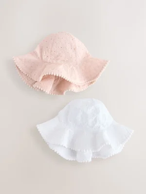 Pink and White Broderie 2pk Baby Bucket Hat - Standard / Pink and White