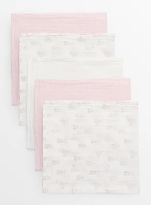 Pink Bunny Print & White Muslin Squares 5 Pack