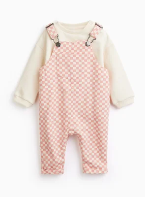 Pink Checkerboard Dungaree & Bodysuit Set - Pink / 6-9 Months