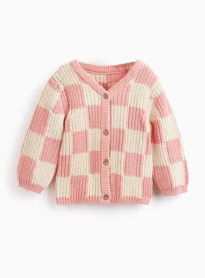 Pink Chequered Knitted Cardigan