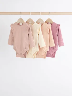 Pink/Cream Baby Long Sleeve Frill Bodysuits 4 Pack (0mths-2yrs)