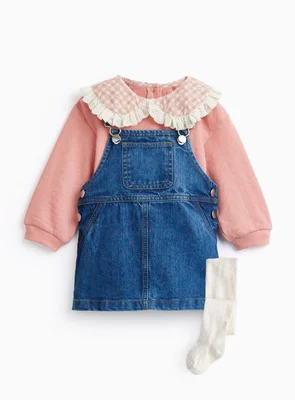 Pink Denim Pinafore 3-Piece Set - Denim / 3-6 Months