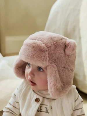 Pink Faux Fur Bear Baby Trapper Hat - Standard / Pink Faux Fur Bear