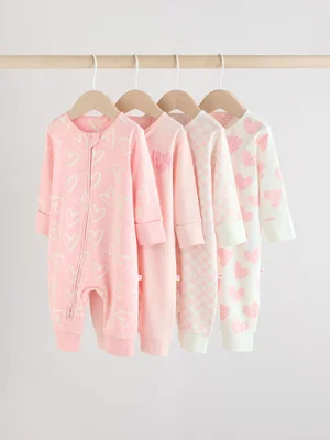 Pink Print Two Way Zip Baby Sleepsuits 4 Pack (0mths-3yrs)