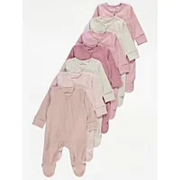 Pink Ribbed Zip Fasten Sleepsuits 7 Pack - Pink/Nude/Cream