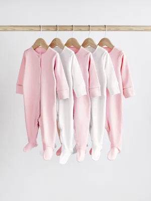 Pink/White 5 Pack Baby Sleepsuits (0-2yrs) - Pink/White