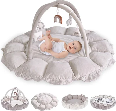 Play Gym 5 in 1 Thick and Plush,Thicker Non-Slip Soft Tummy Time Play Activity Gym Mat for Babies and Toddlers 2 Detachable Washable Mat with 5 Toys (Grey) - Grey
