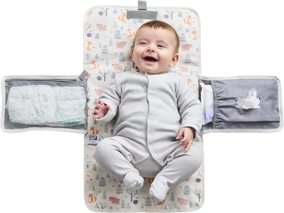 Polar Gear Portable Baby Changing Mat with Winged Pockets for Wipes and Nappies | Machine Washable Travel Changing Mat with Front Storage Pocket Buggy Handle & Clip | New Born Baby Essentials - Forest Friends