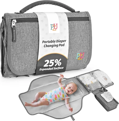 Portable Baby Changing Mat - Travel Change Mat with Wipe-Pocket and Head Cushion, Waterproof - Grey