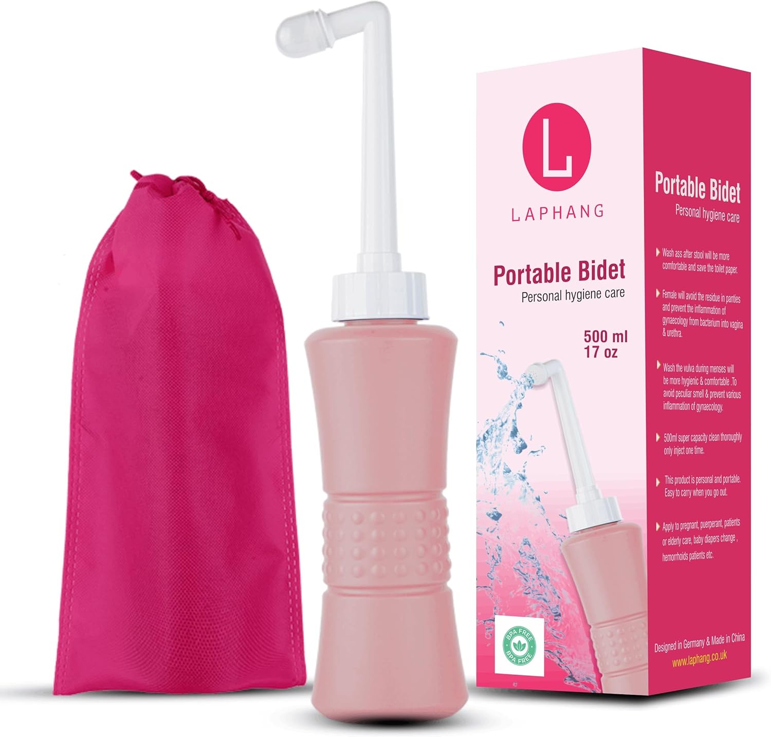 laphang Portable Bidet 500ml Pink Peri Bottle with Waterproof Pouch and Cap – PP + TPR, Leak Proof & Scratch Resistant –Perineal Bottle for Postpartum Hemorrhoids Healing, Maternity Kit Essentials…