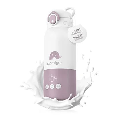 Portable Bottle Warmer on The Go for Baby, Dual Heating Modes for Breast Milk & Water, Fast Heating and Long Battery Life 12000 mAh, 340 ml Capacity, for Car and Plane Travel - Purple & White
