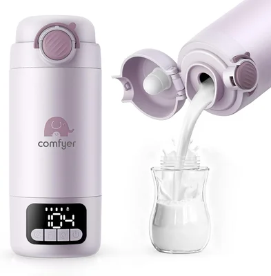 Portable Bottle Warmer on The Go for Baby, Dual Heating Modes for Breast Milk & Water, Fast Heating and Long Battery Life 12000 mAh, 340 ml Capacity, for Car and Plane Travel - Light Purple