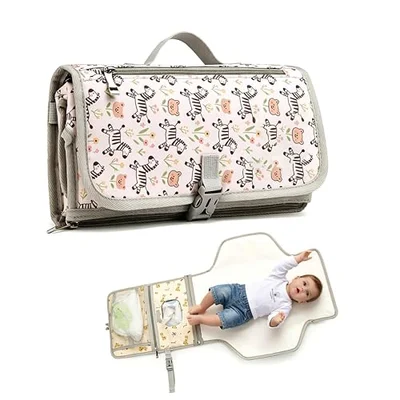 Portable Changing Mat Cartoon, Waterproof Nappy Pad with Pockets and Strap, Lightweight & Foldable Travel Changing Mat for Stroller and Car (Zebras, one Size) - Zebras