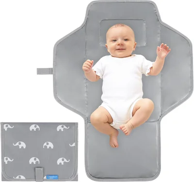 Portable Changing Mat Travel - Waterproof Compact Diaper Changing Pad with Built-in Pillow - Lightweight & Foldable Changing Station, Newborn Shower Gifts(Cute Elephant) - Gray
