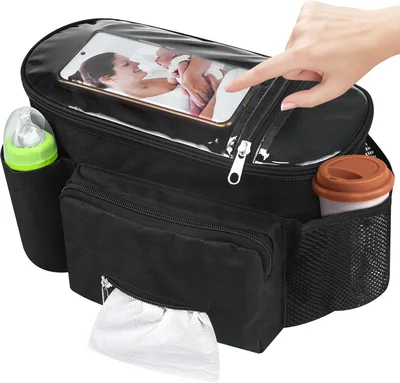 Pram Bag Pushchair Organiser with Touch Screen Phone Pocket Buggy Bag - Universal Mummy Baby Pram Cup Holders Pram Accessories - black / 30x16x19cm