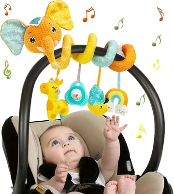Pram Toys for Babies Clip On Car Seat Toys Toddlers Stroller Toys with Hanging Rattle for Infants Sensory Toys for Baby Girls and Boys Soft Toys for Newborn 0-6 Months - Elephant-Orange