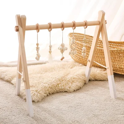 Promise Babe Wooden Baby Play Gym Arch with 5 Detachable Sensory Toys, White Cotton Pendant Design, Newborn Baby Essentials