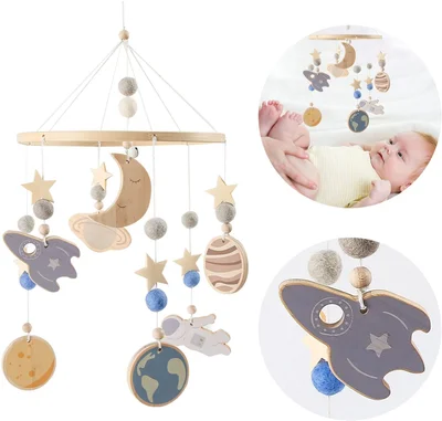 Promise Baby Wind Chimes with Clouds Moon Stars Mobile Handmade Wooden Crocheted Baby Newborn Boy Girl Bed Bell Pendant for Hanging - Planet Mobile