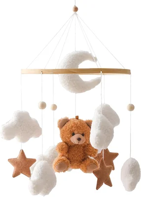 Promise Baby Wind Chimes with Clouds Moon Stars Mobile Handmade Wooden Crocheted Baby Newborn Boy Girl Bed Bell Pendant for Hanging