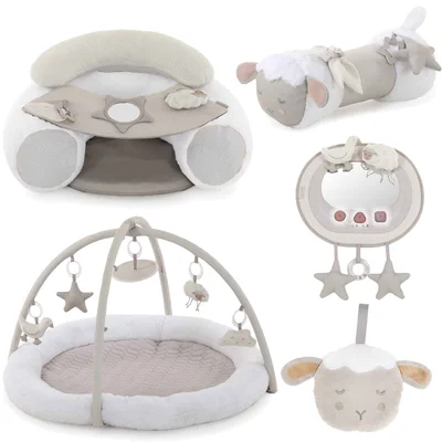 Puggle 5 Piece Lamb Bundle with Activity Seat, Playmat, Tummy Time Roller, Cuddle Soother & Mirror - Cashmere