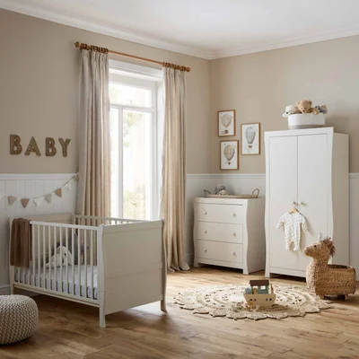 Puggle Alderley Cot Bed with Dresser Changer, Wardrobe & Deluxe Eco Fibre Mattress - Cashmere