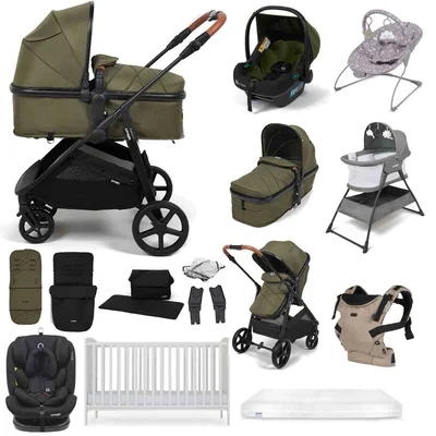 Puggle Monaco XT i-Size Travel System with Henbury Cot Bed & Mattress 15-Piece Bundle - Forest Green