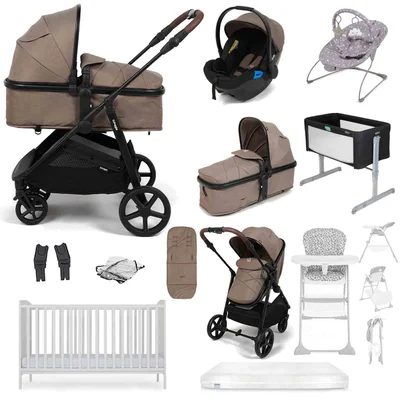Puggle Monaco XT Travel System with Cot Bed & Mattress, 11 Pcs Everything You Need Bundle - Truffle