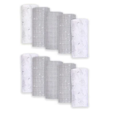 Puggle To the Moon and Back 10-Piece Pure Cotton Muslin Squares - White/Grey