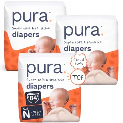 Pura Newborn Baby Nappies Size 0 / N, 84 Count, < 4kg, Cloud Soft Nappies for Hypoallergenic & Sensitive Skin, Toxin-Free*, Blowout Blocker™, Wetness Indicator, Up to 12 Hours Leak Protection - White / Size 0