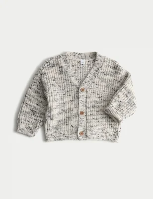 Pure Cotton Ribbed Knitted Cardigan (0-6 Yrs) - Grey Mix