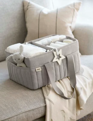 Pure Cotton Waffle Nappy Caddy Bag - Grey