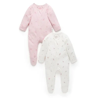 Purebaby 2 Pack Zip Sleepsuit - Pale Pink Blossom Pack - NB